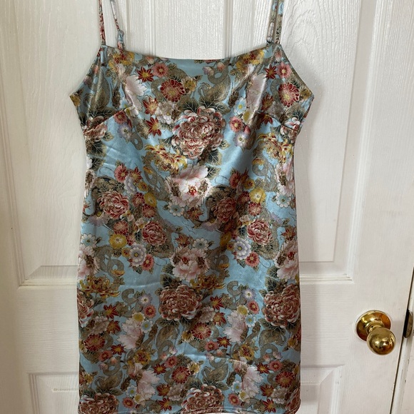 Urban Outfitters Dresses & Skirts - Urban Outfitters Light Blue Satin Slip Dress with Floral Accents